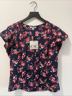 ZAC Zac Posen Navy Floral Flutter Sleeve Button-Front Blouse NWT Size 10
